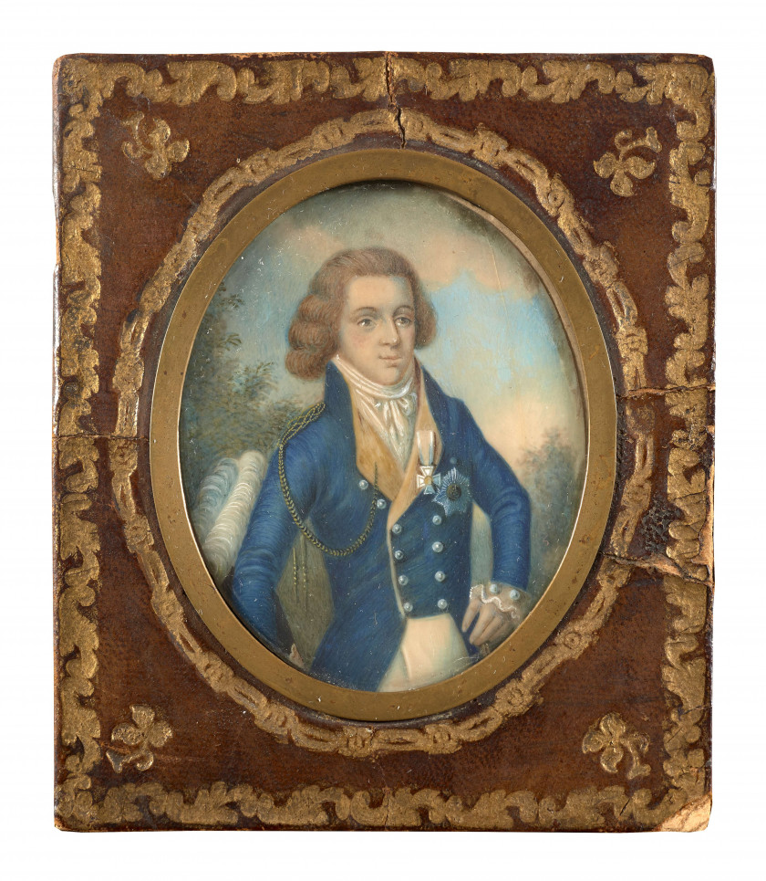 Dans le goût du XVIIIe siècle  Portrait d'un officier Miniature sur ivoire, de forme ovale