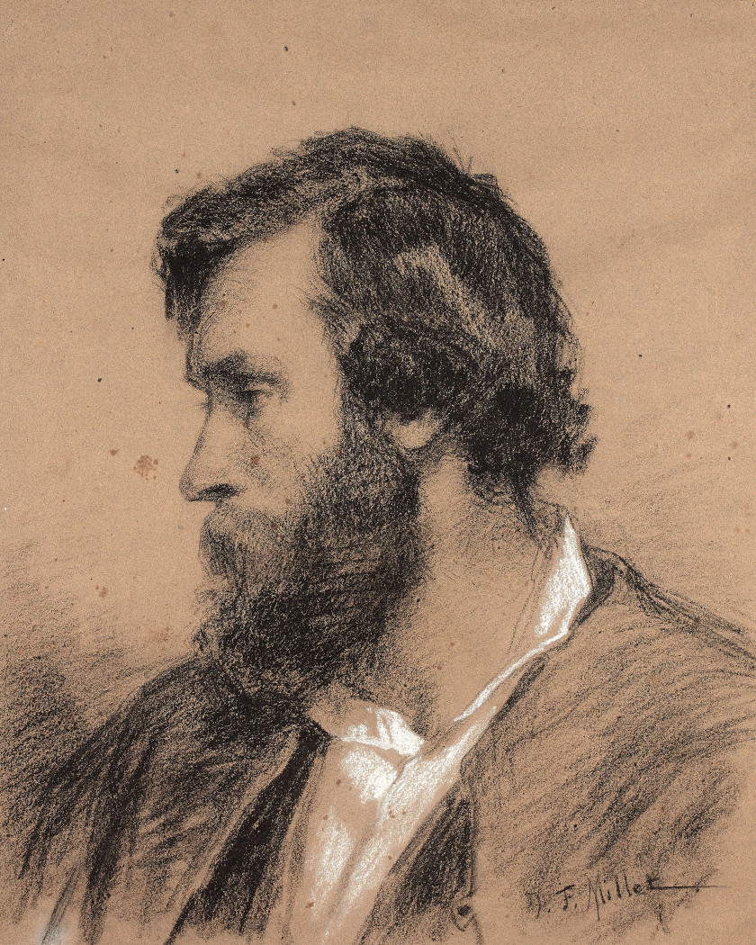 Jean-François MILLET Gruchy, 1814 - Barbizon, 1875 Portrait présumé du peintre Charles Charlier (1812-1888) Fusain et rehauts de cra...