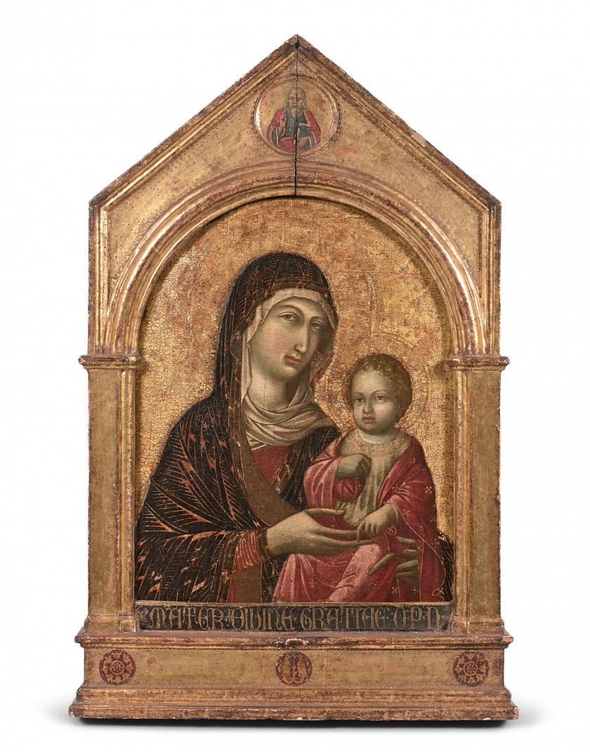 Sienne, vers 1300 Ecole de Duccio Madone et l'Enfant Panneau de retable cintré