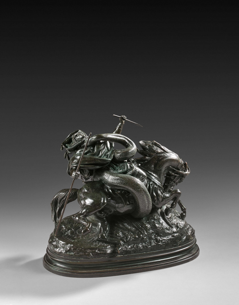 Antoine-Louis BARYE Paris, 1795 - 1875 Cavalier africain surpris par un serpent Bronze à patine verte