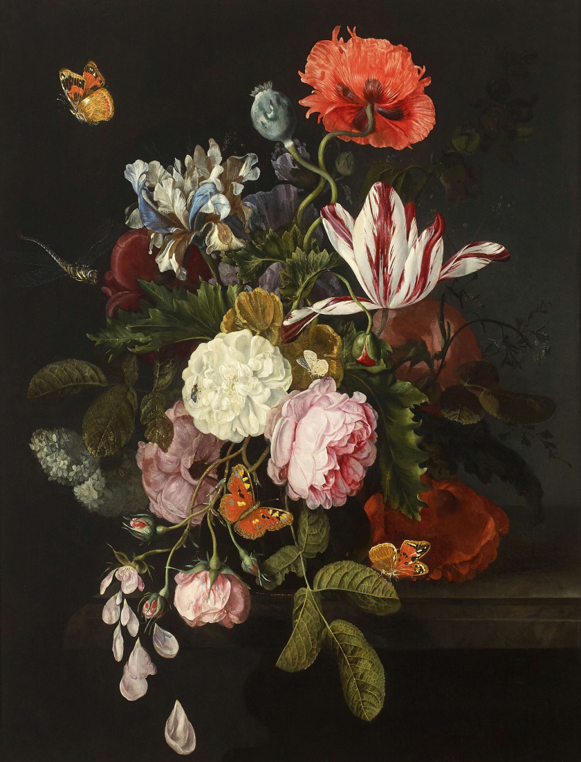 Cornelis KICK Amsterdam, 1634 - 1681 Bouquet de fleurs sur un entablement Huile sur panneau de chêne