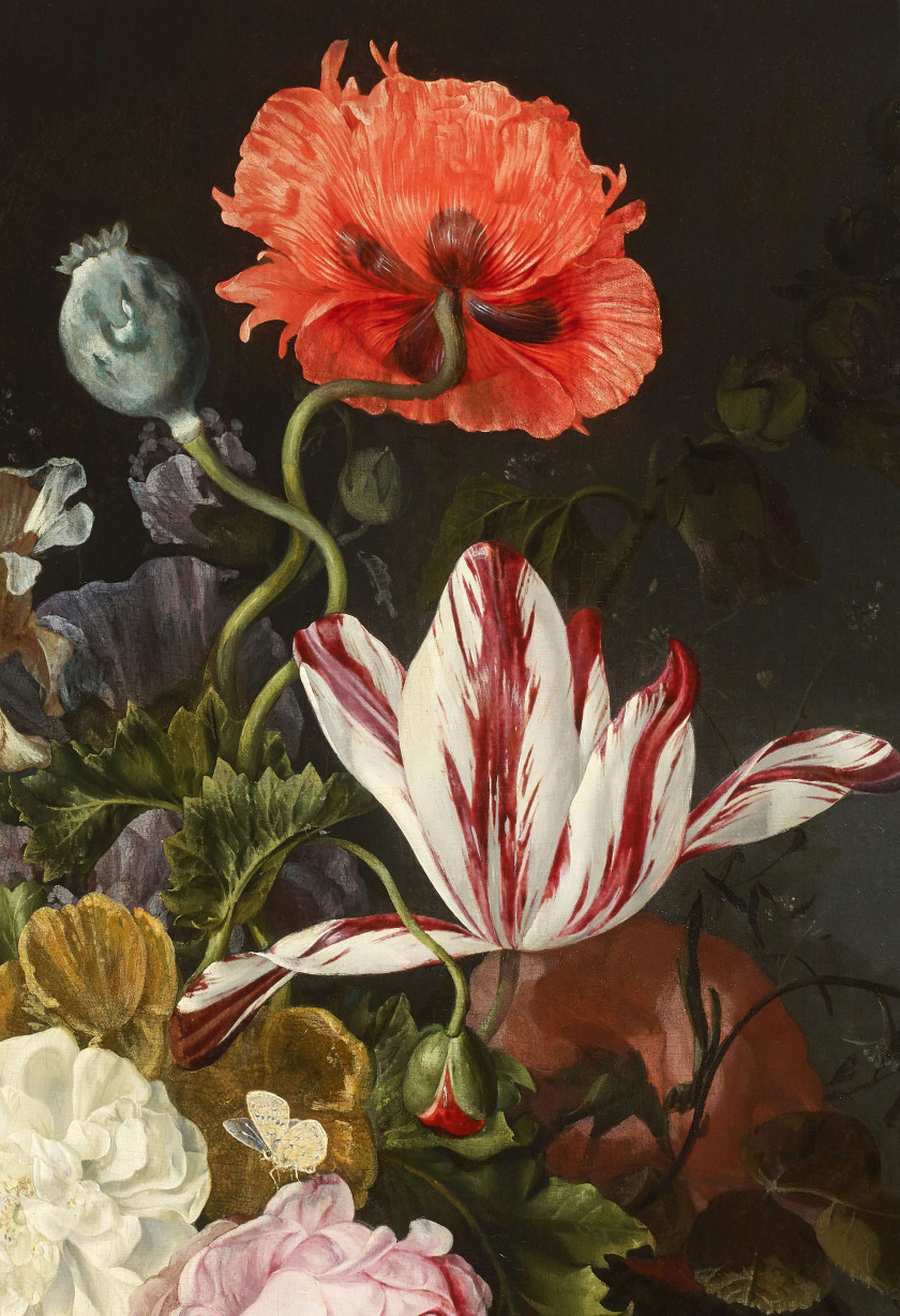 Cornelis KICK Amsterdam, 1634 - 1681 Bouquet de fleurs sur un entablement Huile sur panneau de chêne