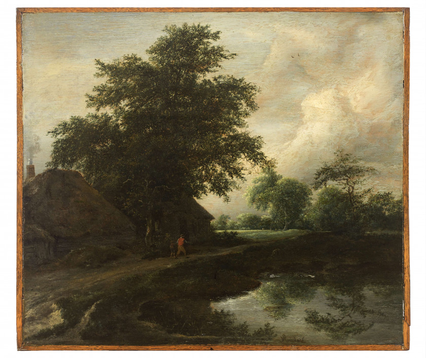 Attribué à Jacob van RUISDAEL Haarlem, 1628 - Amsterdam, 1682 Chaumières et personnages près d'un étang Huile sur panneau, une planc..