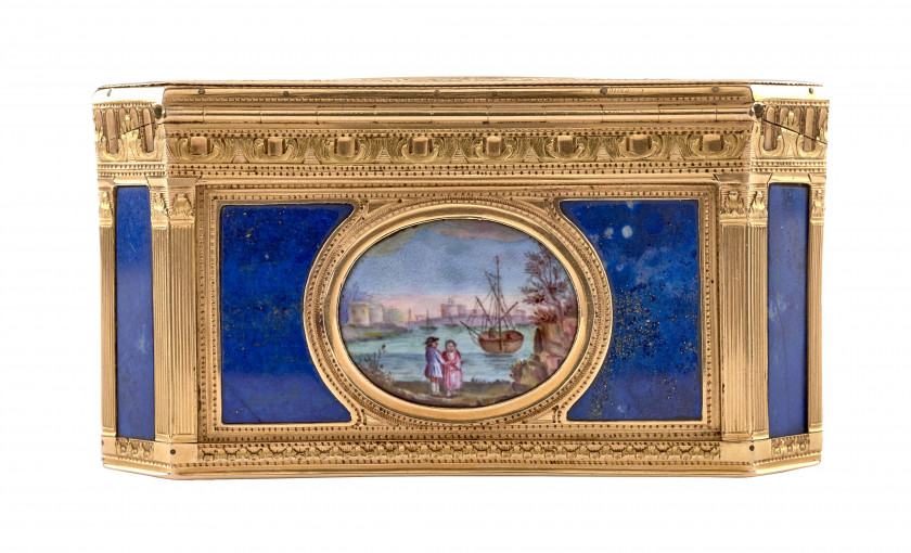 BOÎTE EN OR, LAPIS LAZULI, ÉMAIL DITE " DU DUC DE PENTHIÈVRE ", ORNÉE D'UNE MINIATURE DE LA DUCHESSE D'ORLÉANS, LOUIS CHARONNAT, DEU.