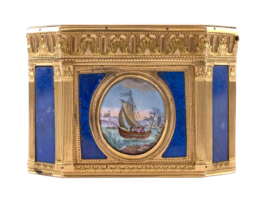 BOÎTE EN OR, LAPIS LAZULI, ÉMAIL DITE " DU DUC DE PENTHIÈVRE ", ORNÉE D'UNE MINIATURE DE LA DUCHESSE D'ORLÉANS, LOUIS CHARONNAT, DEU.