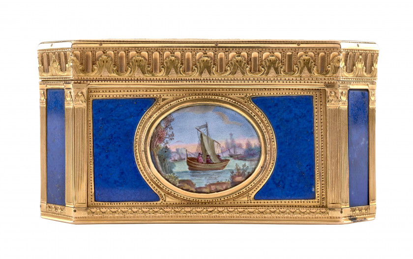 BOÎTE EN OR, LAPIS LAZULI, ÉMAIL DITE " DU DUC DE PENTHIÈVRE ", ORNÉE D'UNE MINIATURE DE LA DUCHESSE D'ORLÉANS, LOUIS CHARONNAT, DEU.