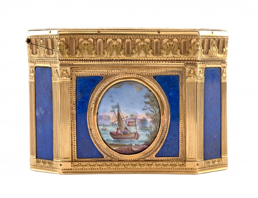 BOÎTE EN OR, LAPIS LAZULI, ÉMAIL DITE " DU DUC DE PENTHIÈVRE ", ORNÉE D'UNE MINIATURE DE LA DUCHESSE D'ORLÉANS, LOUIS CHARONNAT, DEU.