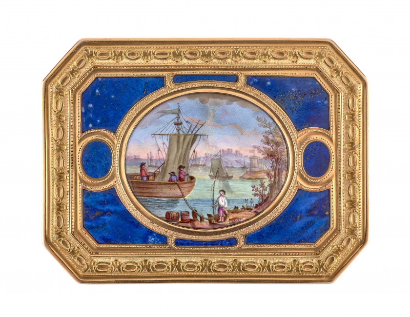 BOÎTE EN OR, LAPIS LAZULI, ÉMAIL DITE " DU DUC DE PENTHIÈVRE ", ORNÉE D'UNE MINIATURE DE LA DUCHESSE D'ORLÉANS, LOUIS CHARONNAT, DEU.