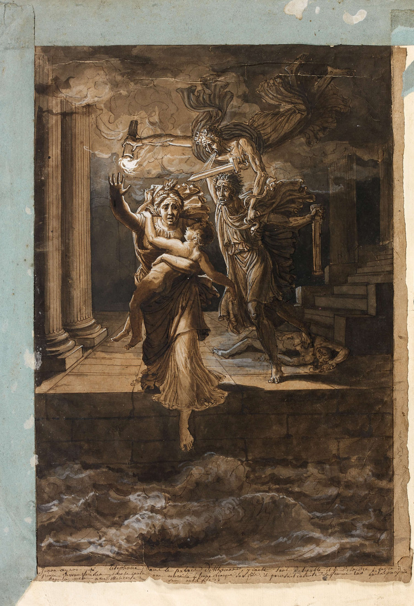 Antoine-Claude FLEURY 1743 - 1822 La fureur d'Athamas Plume et encre brune, lavis brun et rehauts de gouache blanche