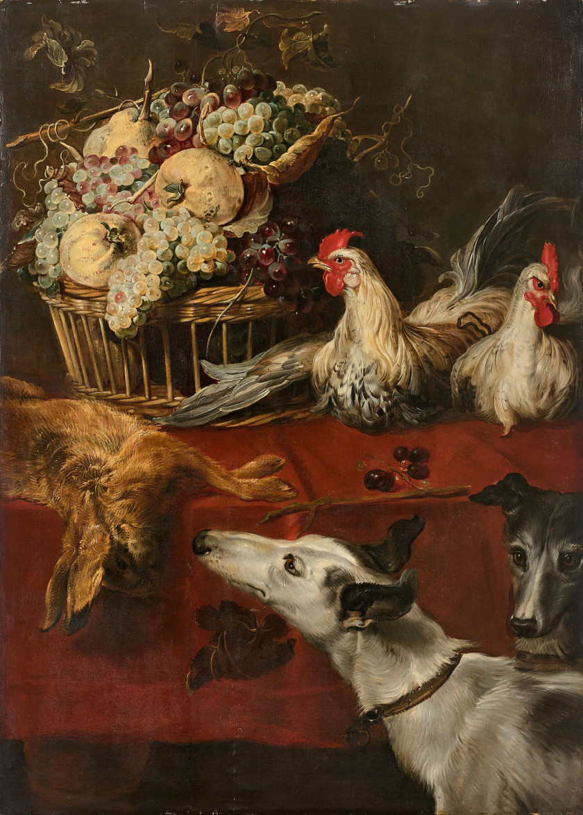 Frans SNYDERS et atelier Anvers, 1579 - 1657 Panier de fruits, coqs et lièvre sur une table dont s'approchent deux chiens Huile sur...