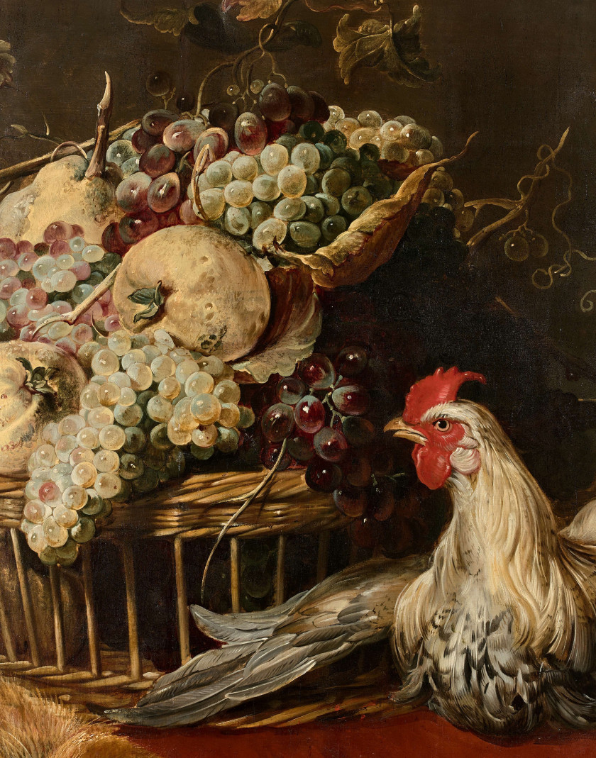 Frans SNYDERS et atelier Anvers, 1579 - 1657 Panier de fruits, coqs et lièvre sur une table dont s'approchent deux chiens Huile sur...