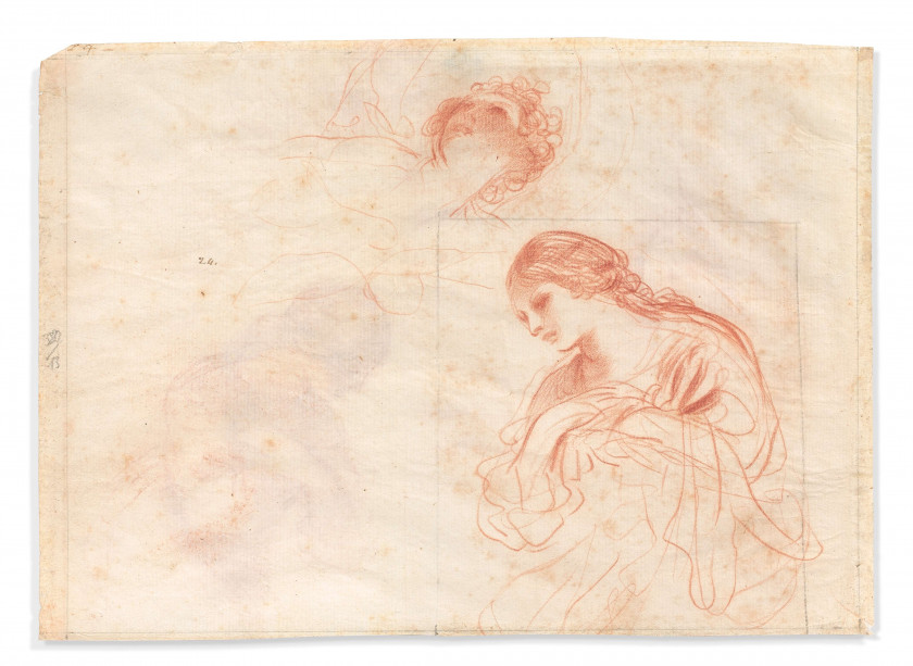 Giovanni Francesco BARBIERI, dit il GUERCINO Cento, 1591 - Bologne, 1666 Feuille d'étude recto-verso : trois études de figures fémin..