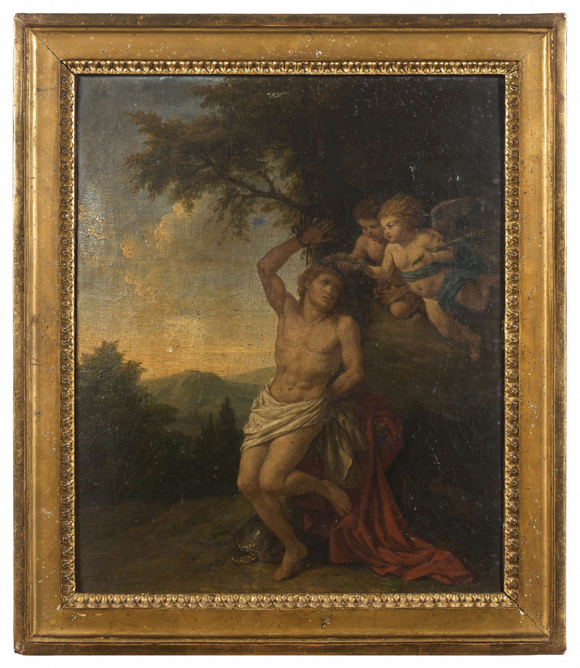 Louis-Jean François LAGRENÉE Paris, 1725 - 1805 Deux anges apportant une couronne à saint Sébastien Huile sur toile, en partie marou...