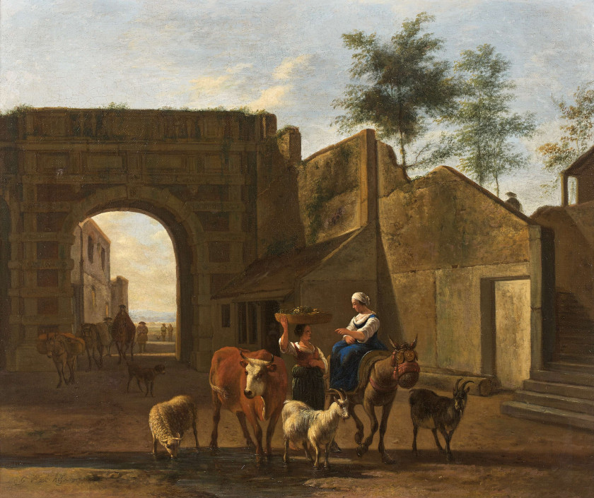 Gerrit BERCKHEYDE Haarlem, 1638 - 1698 Paysannes et leur troupeau à l'entrée d'un village Huile sur toile