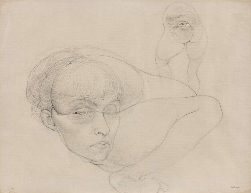 Hans BELLMER 1902 - 1975 Unica avec l'oeil sexe - 1961 Mine de plomb, rehauts de craie blanche et de pastel rouge sur papier