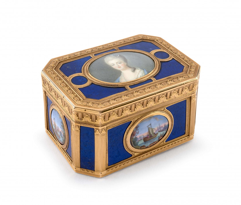 BOÎTE EN OR, LAPIS LAZULI, ÉMAIL DITE " DU DUC DE PENTHIÈVRE ", ORNÉE D'UNE MINIATURE DE LA DUCHESSE D'ORLÉANS, LOUIS CHARONNAT, DEU.