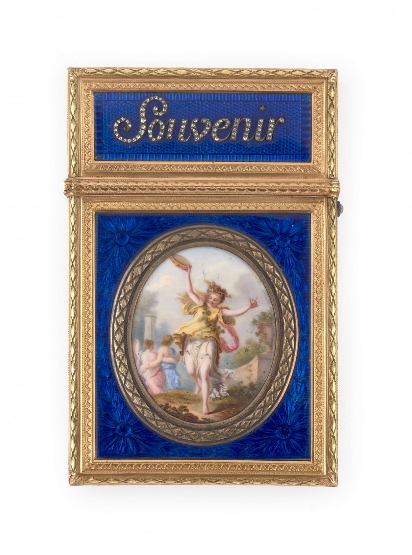 ÉTUI SOUVENIR D'AMITIÉ EN ORS DE COULEUR, ÉMAIL ET DIAMANTS, FIN DU XVIIIE SIÈCLE