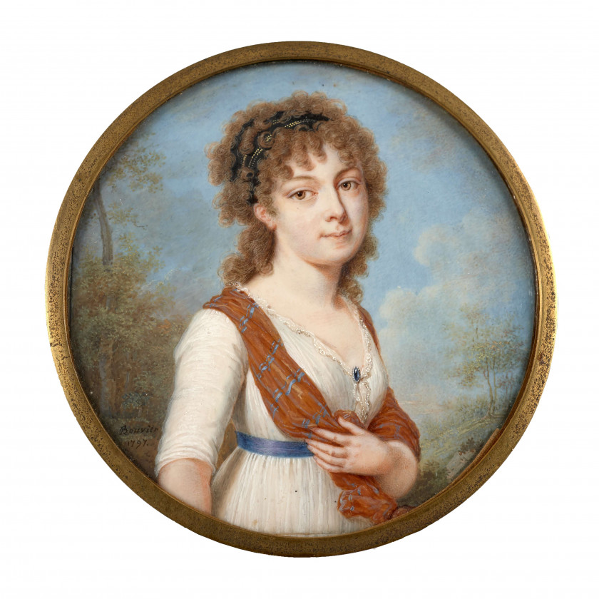 Pierre-Louis BOUVIER Genève, 1765 - 1836 Portrait de jeune femme à la robe blanche portant une écharpe rouge Miniature sur ivoire, d...