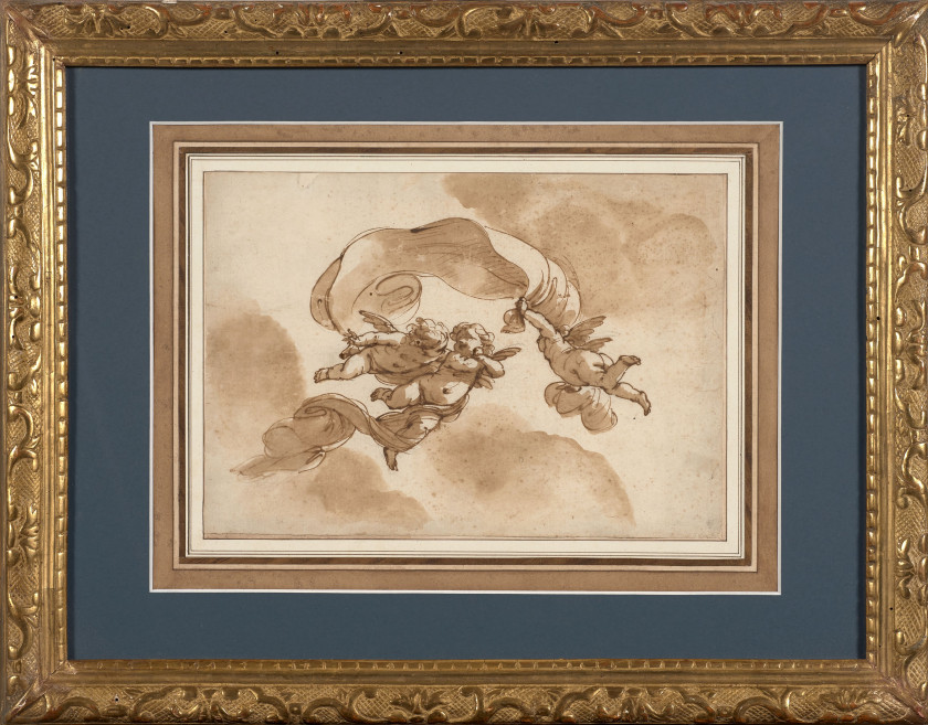 Ubaldo GANDOLFI San Giovanni in Persiceto, 1728 - Ravenne, 1781 Anges tenant un drap Plume et encre brune, lavis brun sur trait de c...