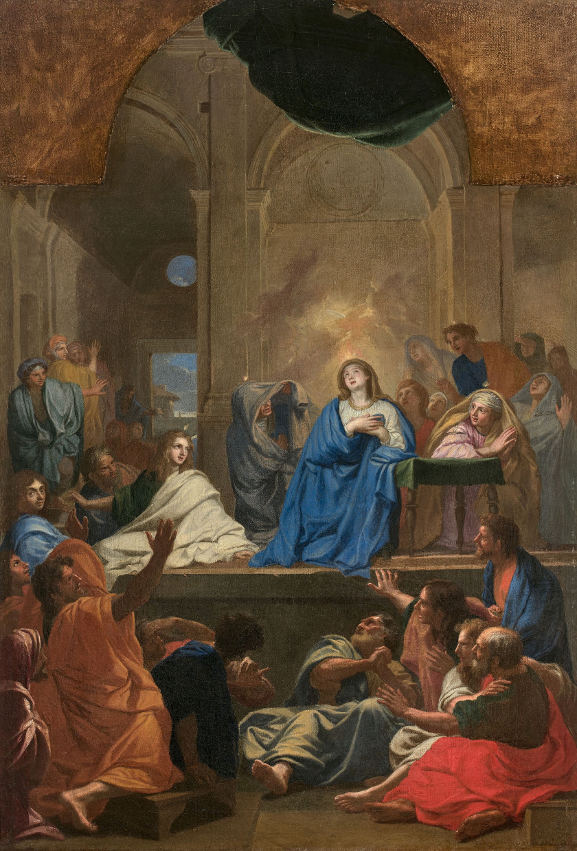 Ecole française de la fin du XVIIe siècle Atelier de Charles Le Brun La Descente du Saint-Esprit Huile sur toile, à vue cintrée en p...