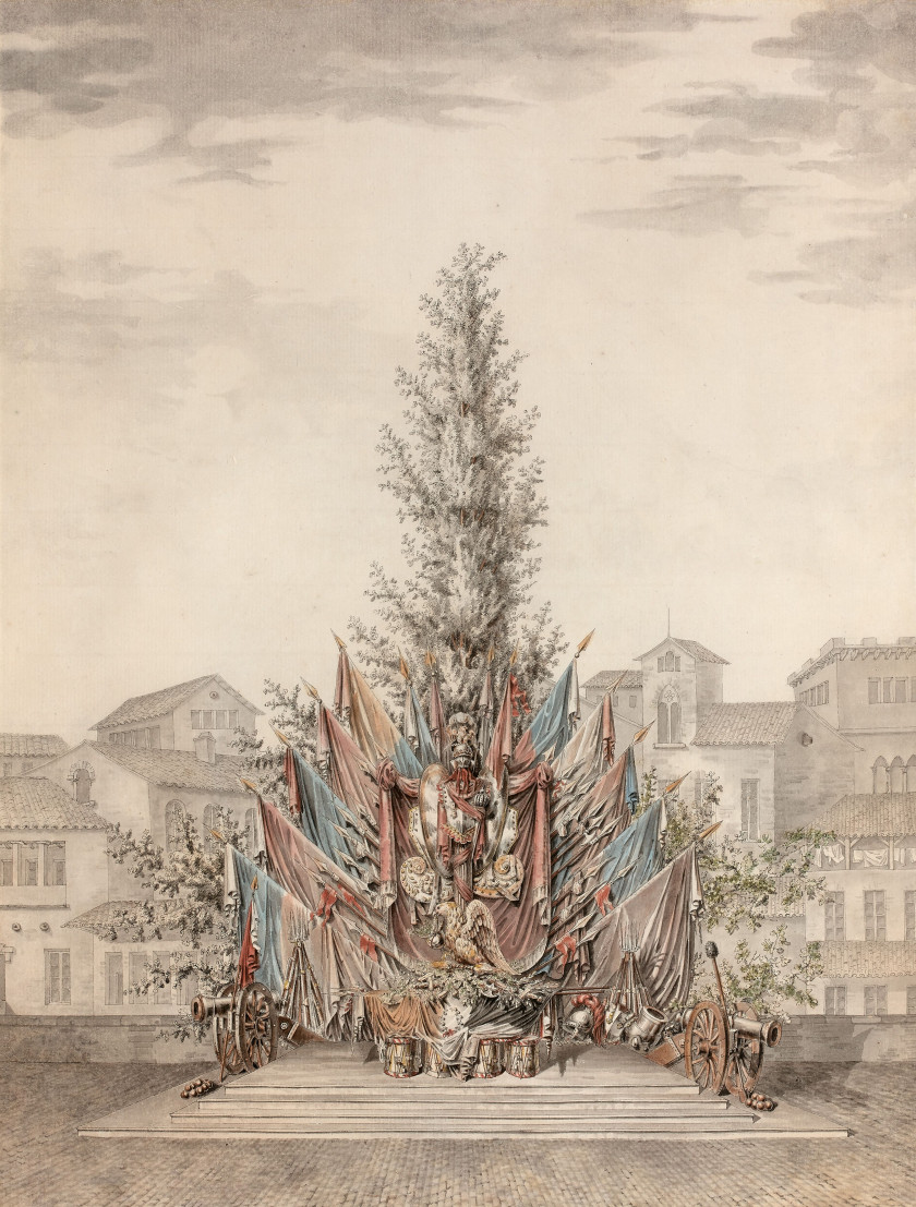 Attribué à Jean-Démosthène DUGOURC Versailles, 1749 - Paris, 1825 L'Arbre de la Liberté Plume et encre noire, lavis gris et brun et...