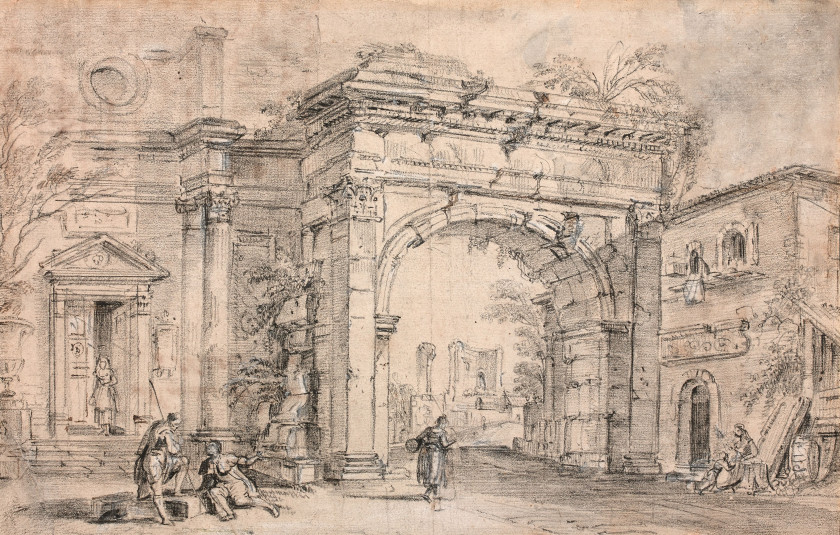 Jean-Baptiste LALLEMAND Dijon, 1716 - Paris, 1803 Vue animée d'une ville antique Crayon noir et rehauts de gouache blanche