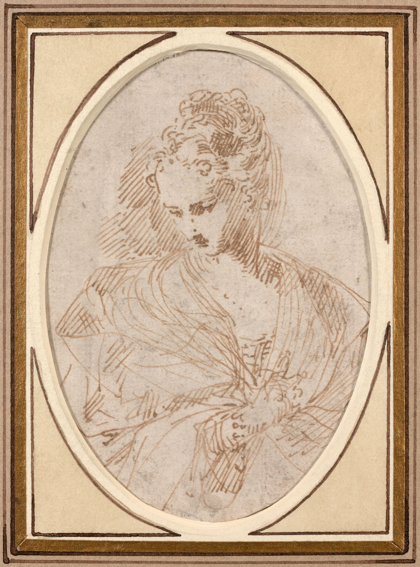 Donato CRETI Crémone, 1671 - Bologne, 1749 Jeune femme en buste Plume et encre brune, de forme ovale, trait d'encadrement à la plume