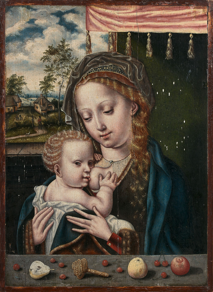 Pays-Bas, XVIe siècle Suiveur de Joos van Cleve La Vierge à l'Enfant allaitant Huile sur panneau de chêne, parqueté