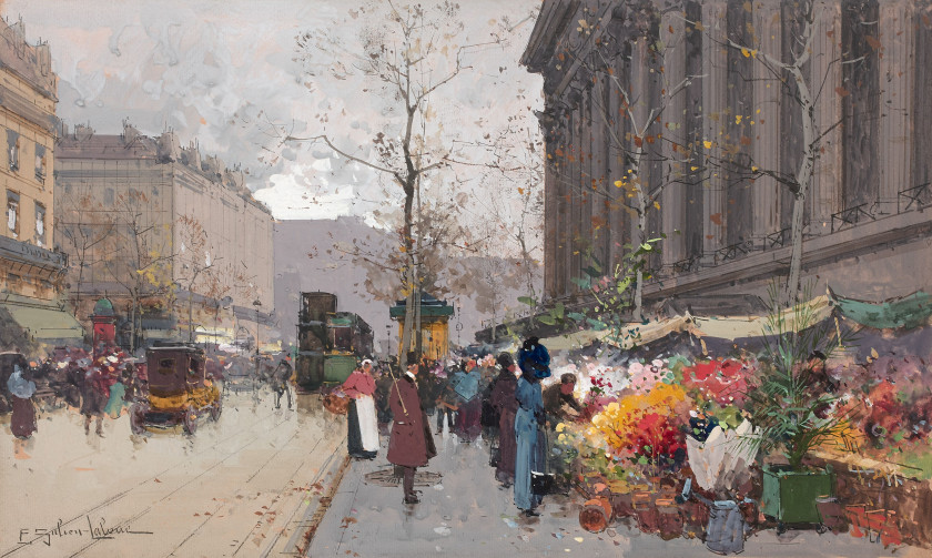 Eugène GALIEN-LALOUE Paris, 1854 - Chérence, 1941 Le marché aux fleurs, place de la Madeleine à Paris Gouache et aquarelle sur trait...