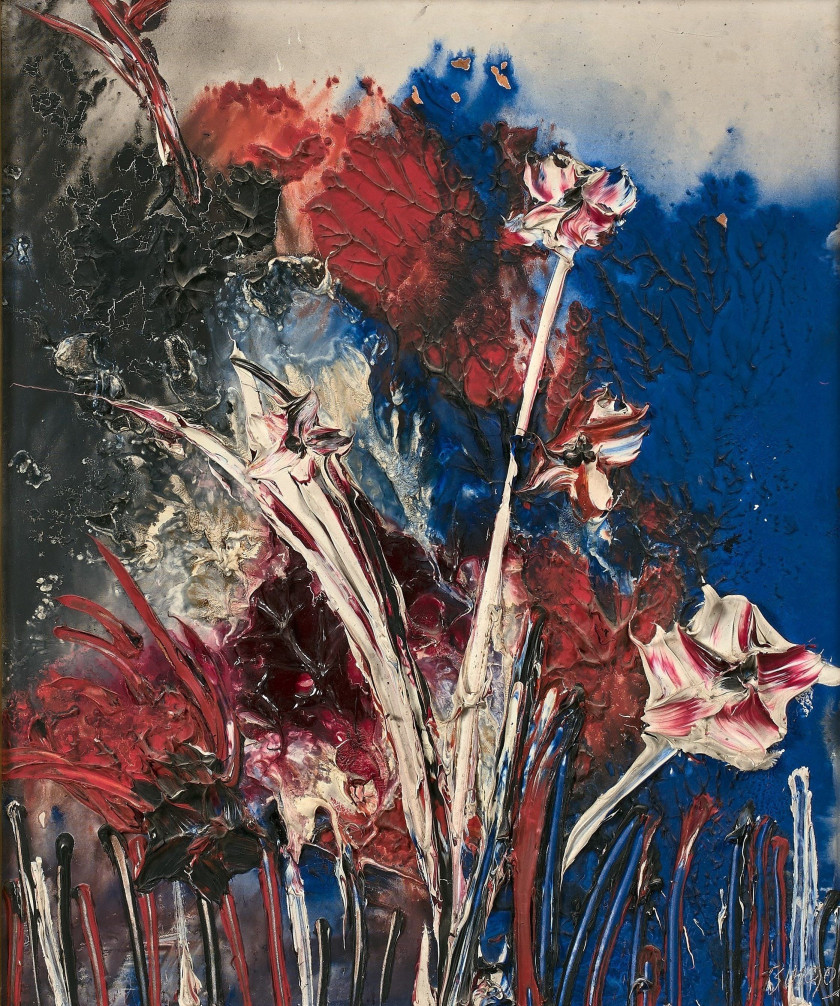 Thanos TSINGOS (1914 - 1965) FLEURS - 1956 Huile sur panneau d'Isorel