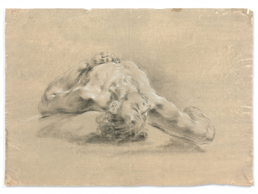 Francesco MONTI Bologne, 1683 - Bergame, 1768 Académie d'homme allongé sur le dos une main sur le torse Pierre noire, estompe et reh..