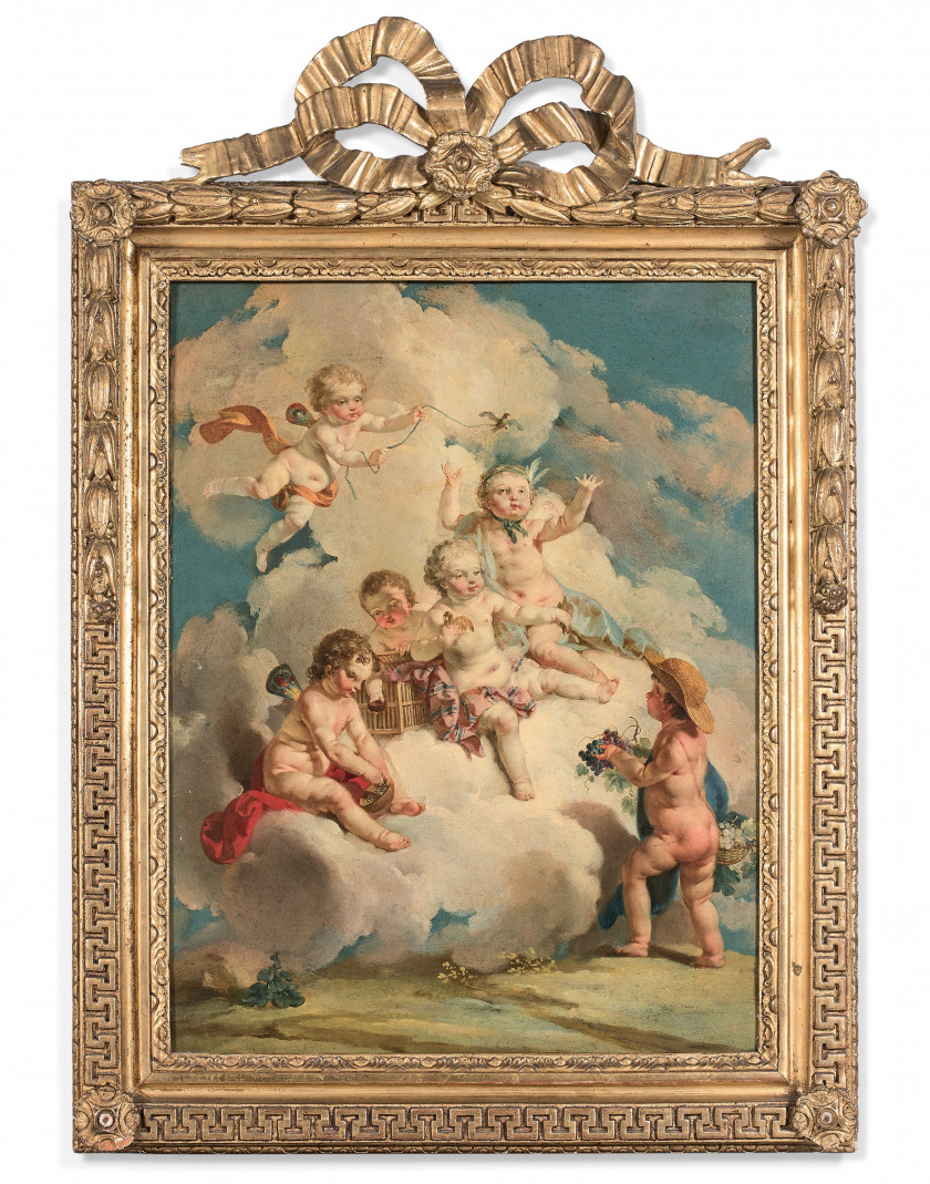 Vittorio Amedeo RAPOUS Turin, 1729 - 1819 Les amours oiseleurs et Les amours musiciens Paire d'huiles sur panneaux de chêne, doublés..