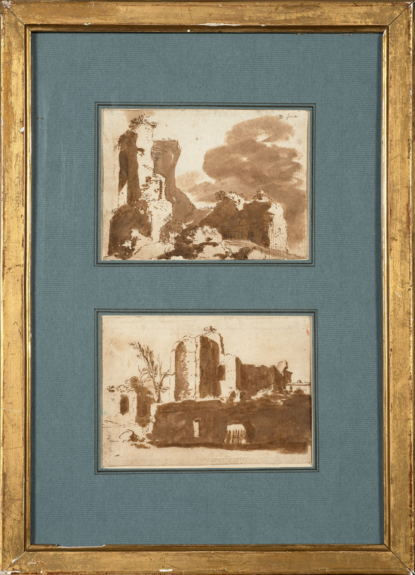 Bartolomeus BREENBERGH Deventer, 1598 - Amsterdam, 1657 Etudes de ruines romaines Deux dessins à la plume et encre brune, lavis brun...