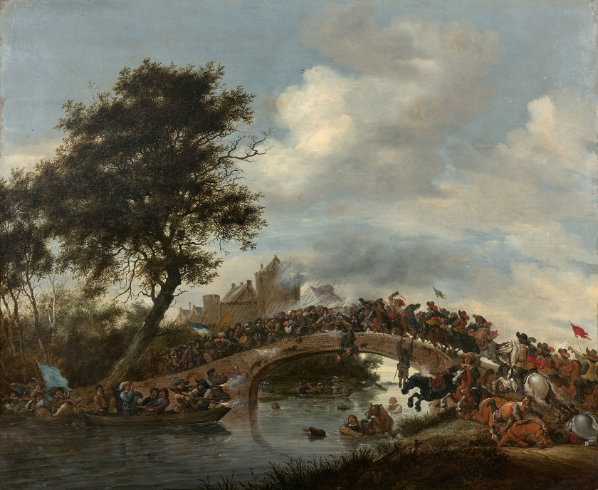 ¤ Salomon van RUYSDAEL Naarden, vers 1600 - Haarlem, 1670 Scène de bataille sur un pont Huile sur toile