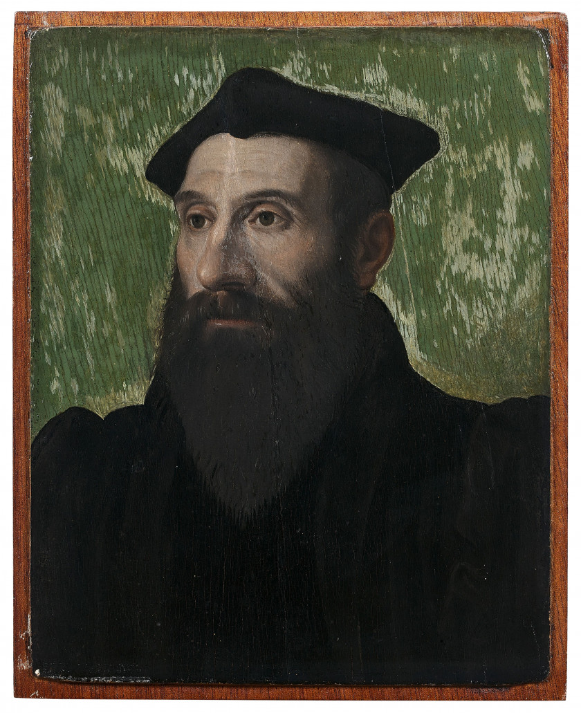 Attribué à Tobias STIMMER Schaffhausen, 1539 - Strasbourg, 1584 Portrait d'homme au chapeau noir Huile sur panneau aminci, doublé et..