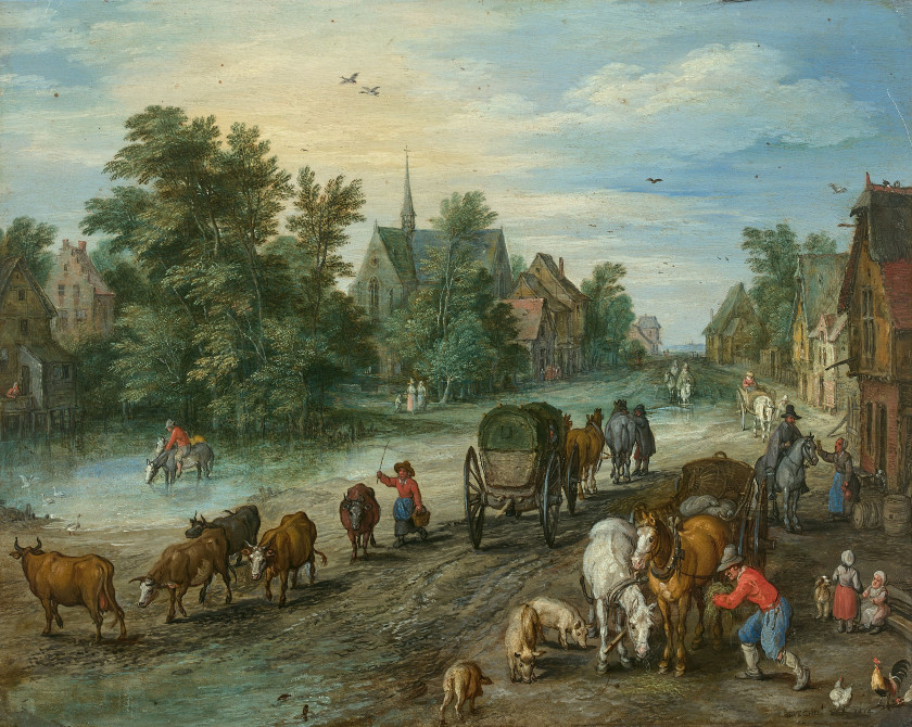 Jan BRUEGHEL l'Ancien Bruxelles, 1568 - Anvers, 1625 Rue d'un village animée avec un voyageur au repos Huile sur cuivre