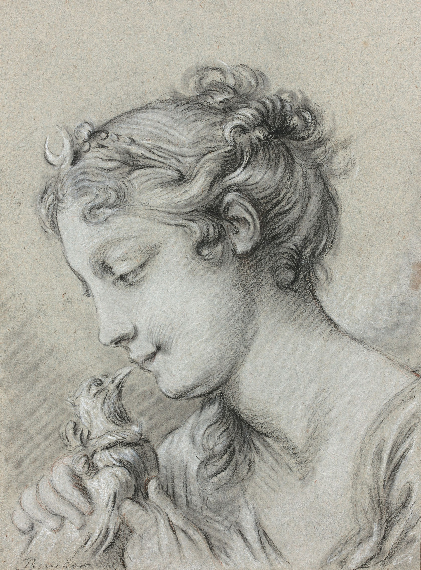 François BOUCHER Paris, 1703 - 1770 Tête de Diane à la colombe Crayon noir, rehauts de blanc et traces de sanguine sur papier bleu