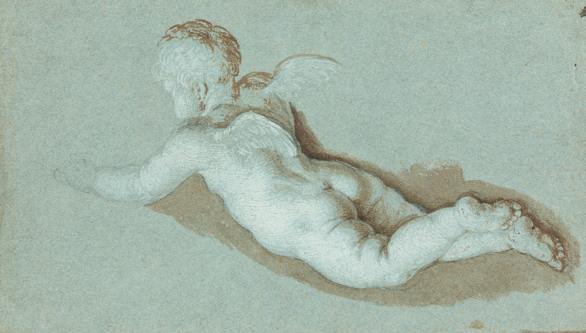 Ecole italienne du XVIIe siècle  Angelot en vol Lavis brun et gouache blanche sur trait de crayon, sur papier bleu