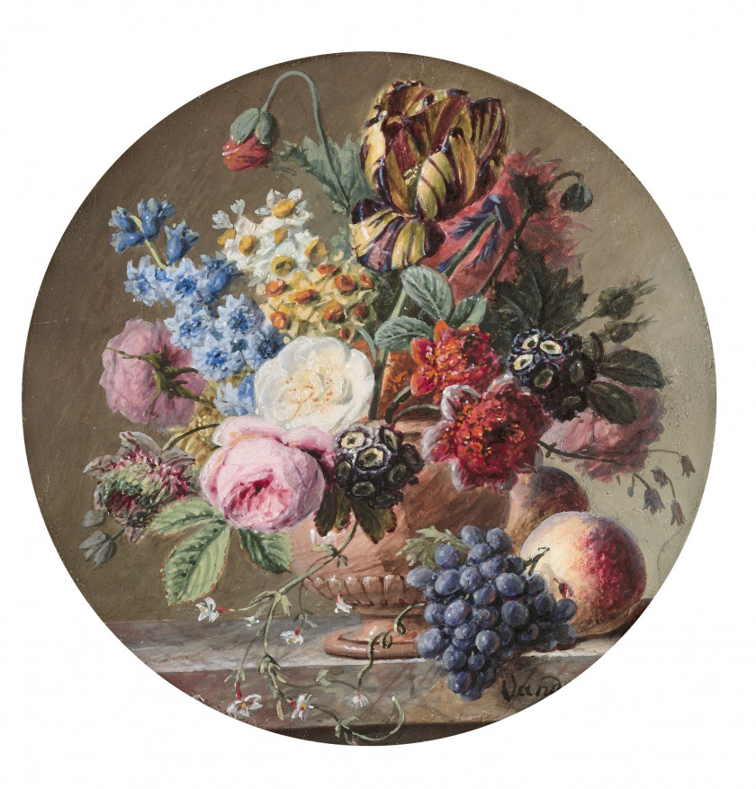 Jan Frans van DAEL Anvers, 1764 - Paris, 1840 Vase de fleurs, raisins et pêche sur un entablement Gouache sur fin vélin, de forme ro...