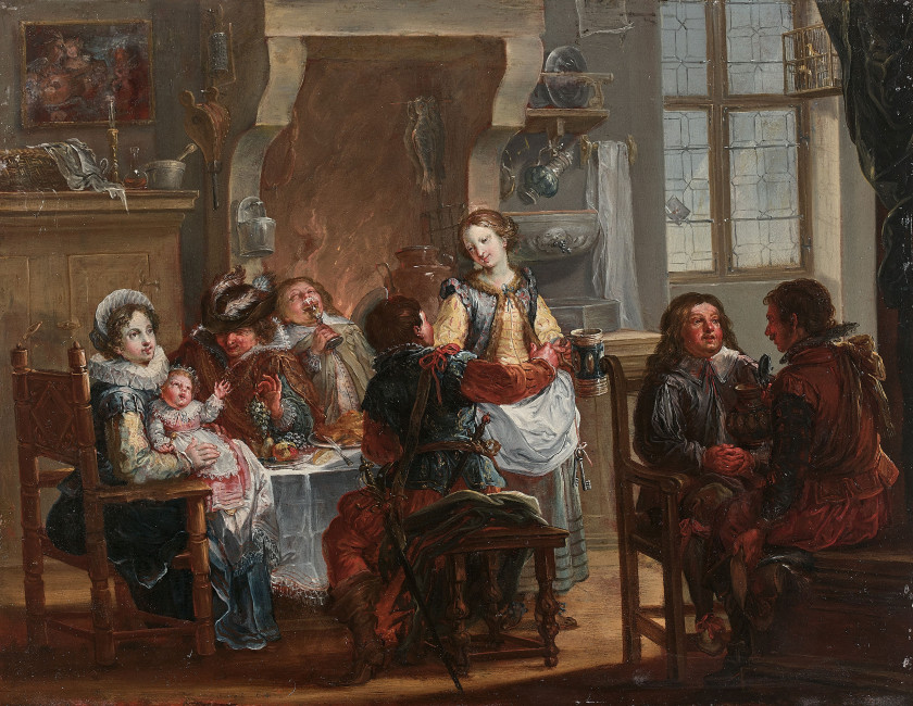 Johann Georg PLATZER San Michele, 1704 - 1761 Personnages attablés dans un intérieur Huile sur zinc