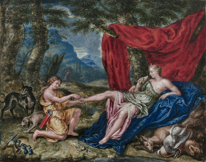 Pierre-Paul SEVIN Tournon, 1646 - 1710 Le repos de Diane après la chasse Gouache sur vélin