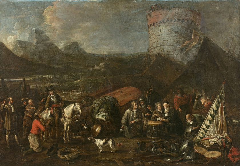 Gillis van TILBORGH Bruxelles, vers 1625 - vers 1678 Campement de soldats au pied d'une tour Huile sur toile