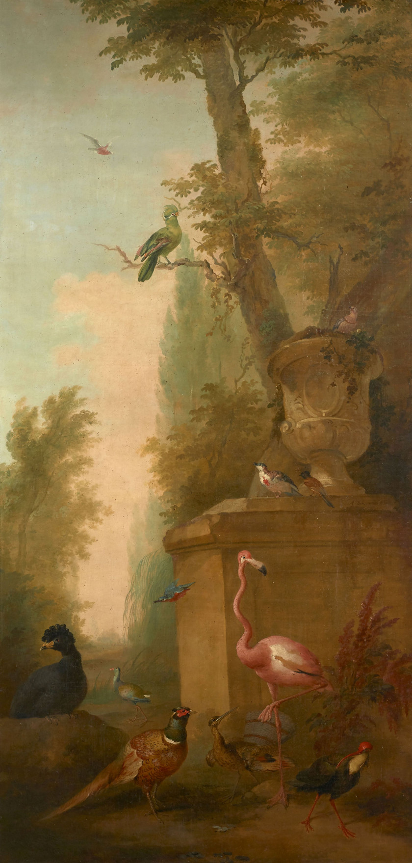 Aert SCHOUMAN Dordrecht, 1710 - La Haye, 1792 Oiseaux sauvages, exotiques et de basse-cour dans un parc arboré Paire d'huiles sur to..