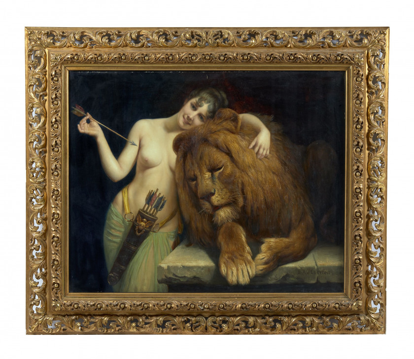 Angelo von COURTEN Bologne, 1848 - Munich, 1925 La déesse Diane et un lion Huile sur toile (Toile d'origine)