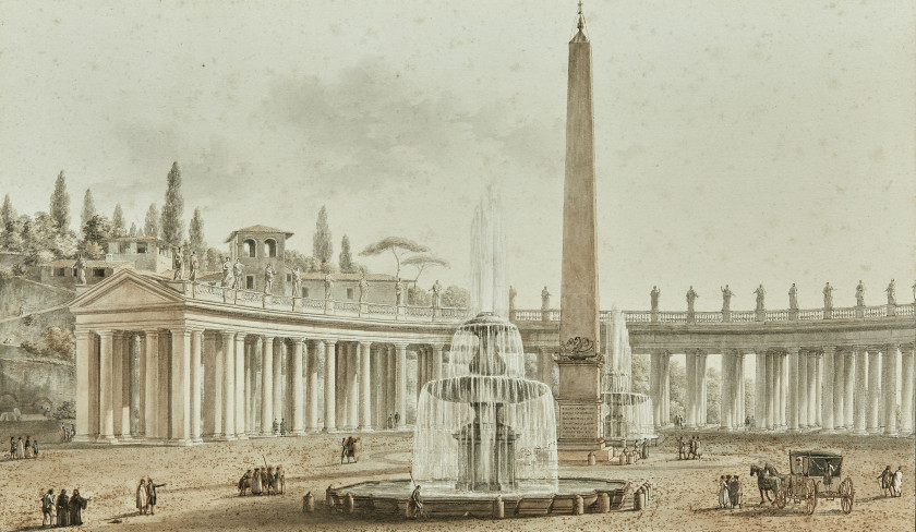 Victor-Jean NICOLLE Paris, 1754 - 1826 Vue de la colonnade de Saint-Pierre, Rome Aquarelle sur trait de plume et encre brune