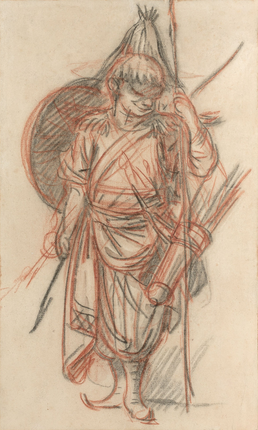 François BOUCHER Paris, 1703 - 1770 Etude de guerrier chinois de face en pied, portant un arc et une lance Crayon noir, sanguine et...