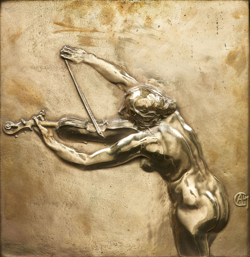 Alexandre CHARPENTIER Paris, 1856 - Neuilly-sur-Seine, 1909 Contrebassiste et Violoniste Paire de bas-reliefs en bronze