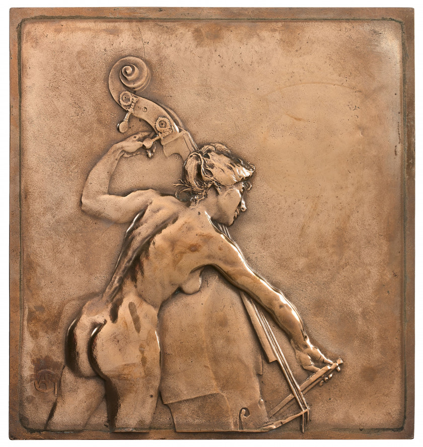 Alexandre CHARPENTIER Paris, 1856 - Neuilly-sur-Seine, 1909 Contrebassiste et Violoniste Paire de bas-reliefs en bronze