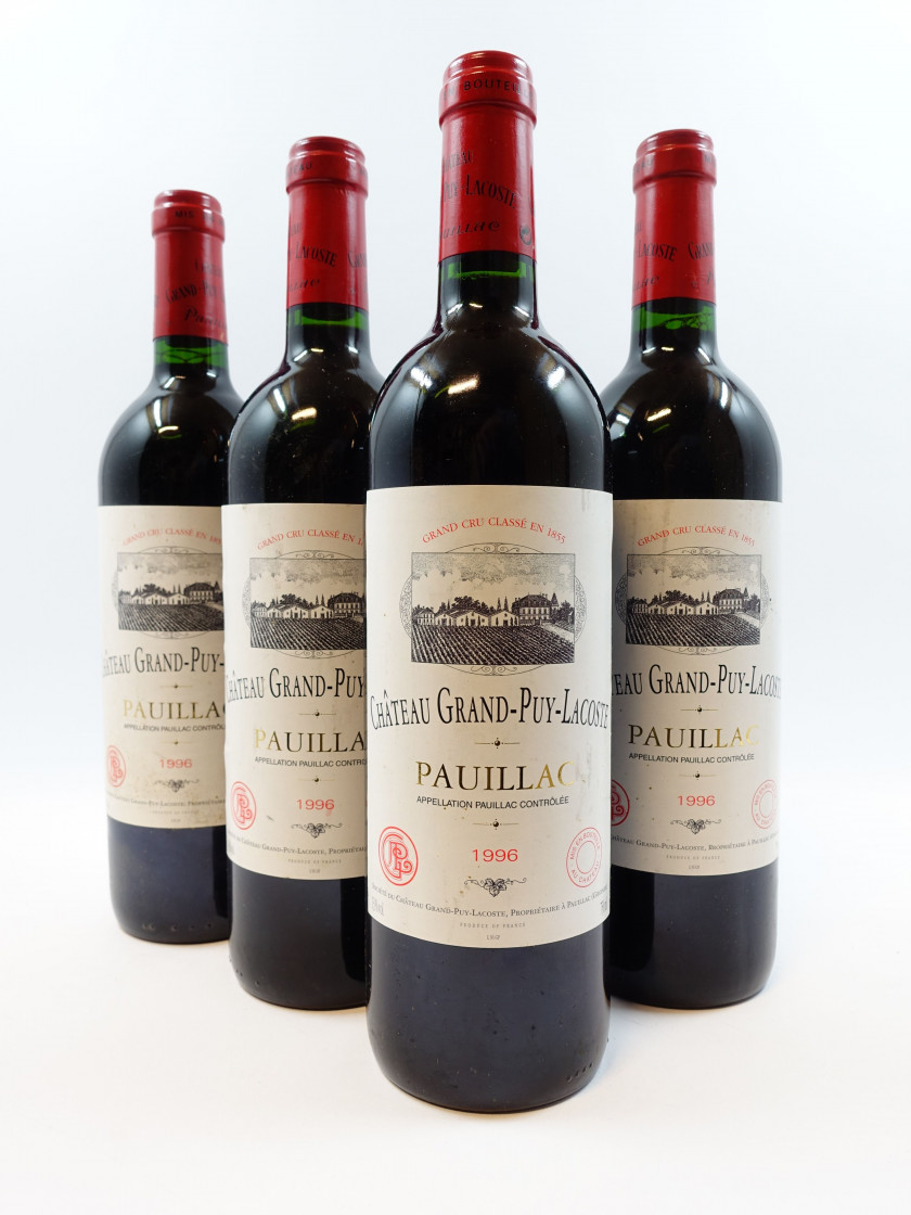 4 bouteilles CHÂTEAU GRAND PUY LACOSTE 1996 5è GC Pauillac (étiquettes fanées)