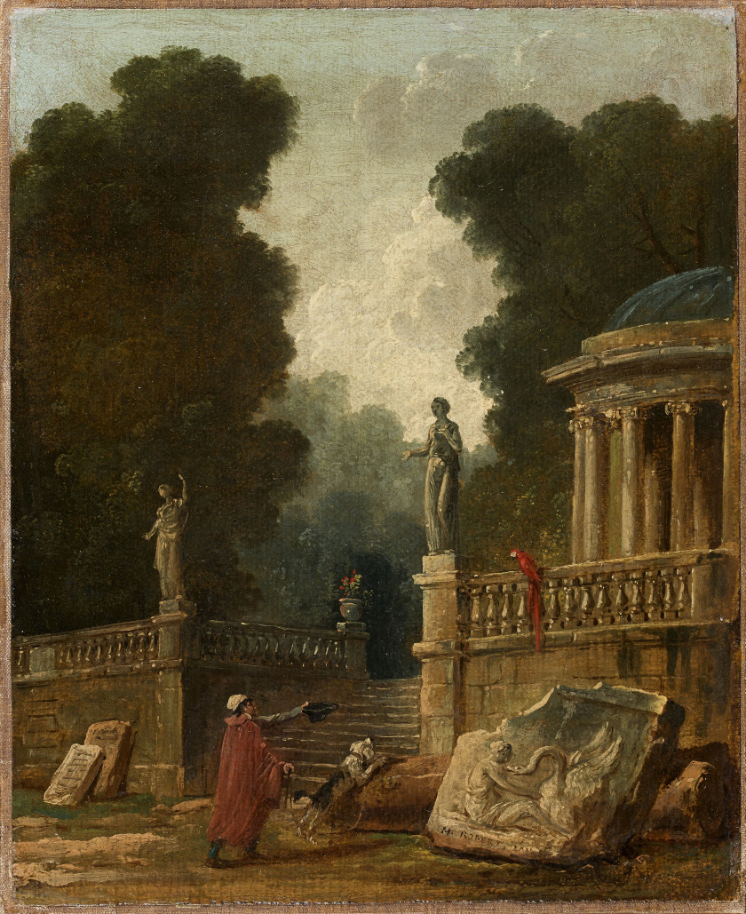 Hubert ROBERT Paris, 1733 - 1808 Le mendiant et le perroquet Huile sur toile